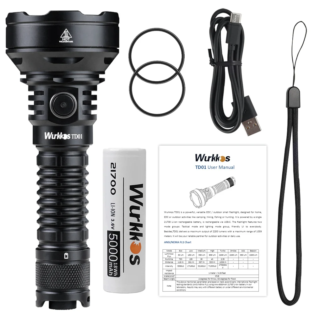 Wurkkos TD01 Powerful  Long Throwing 1039M Tactical Torch IPX8 2200lm Rechargeable LED Flashlight  With Dual Switch