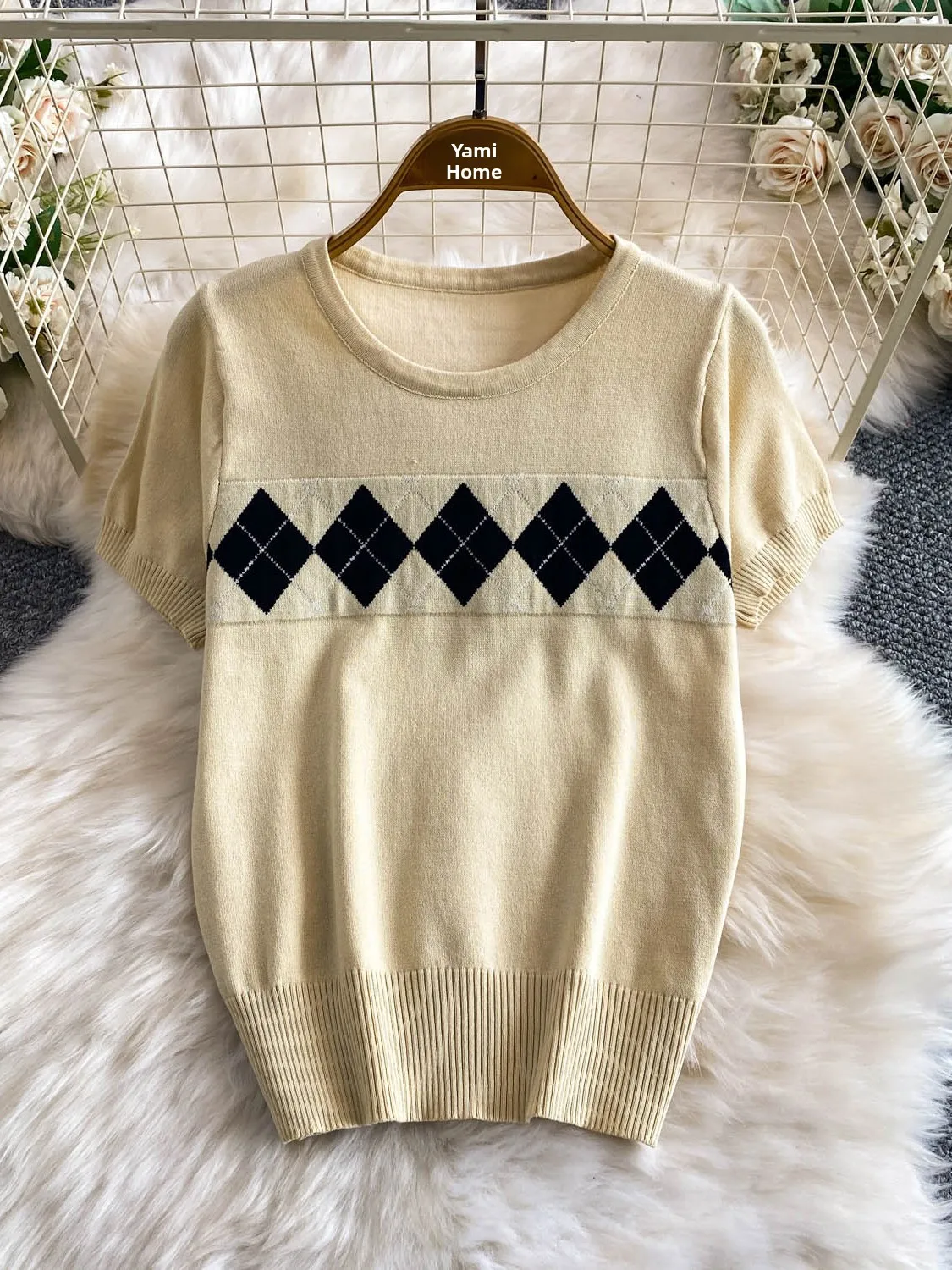 Casual Loose Knitted Short Sleeve T-Shirt Women Summer Fashion Versatile Diamond Grid round Neck Top Slimming Anti-Ball T-Shirt