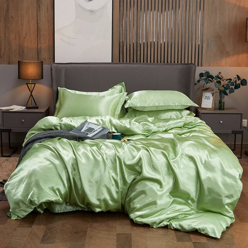 3pcs Cool Tone Green Satin Duvet Cover Set Solid Color with Pillowcase Soft Comfortable Ice Silk Bedding Set  For Bedroom