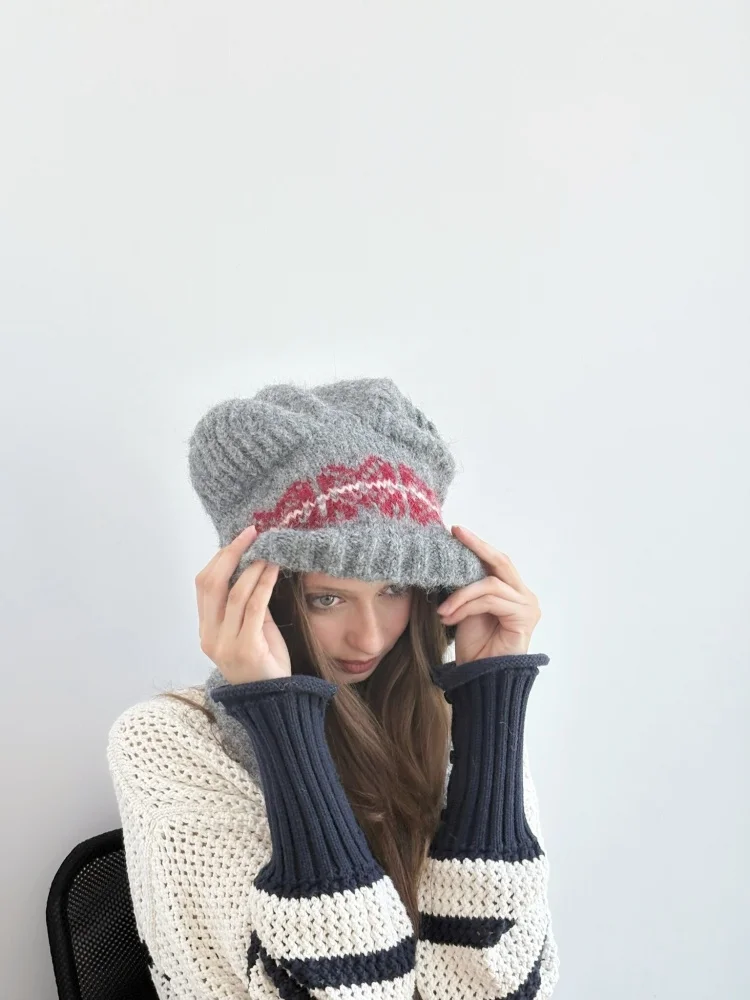 مجموعة قبعات وشاح متماسكة على شكل دب لطيف للنساء - قبعة شتوية دافئة وأنيقة مع صوف 35%، رمادي - الكل في واحد لتدفئة الرقبة وها #2