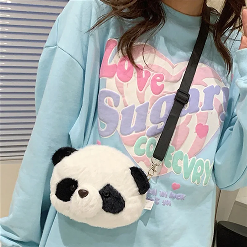 Women Cute Cartoon Plush Panda Crossbody Bag Female Winter Warm Fluffy Messenger Bag Mobile Phone Pouch Ladies Travel Purses