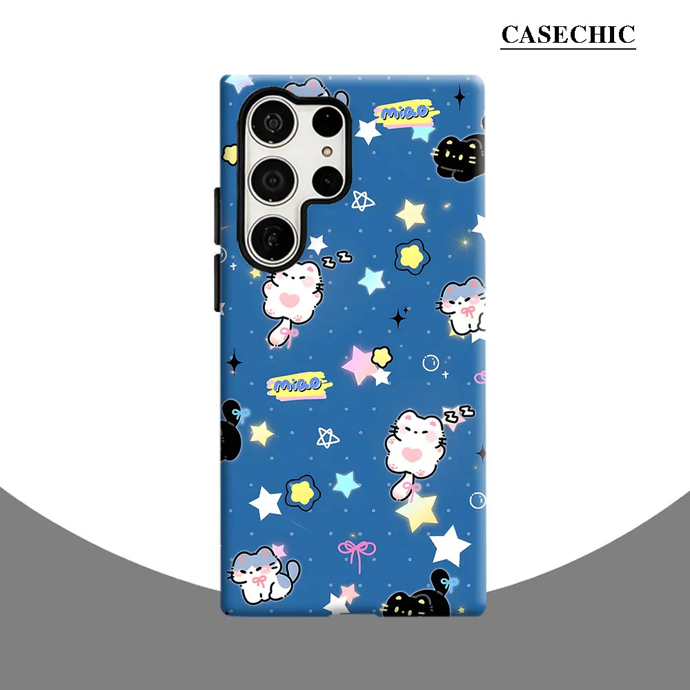 Cute Starry Cat Phone Case for Samsung Galaxy S26 S25 Ultra S24 S23 Ultra Plus Shockproof Double layer tough Back Cover