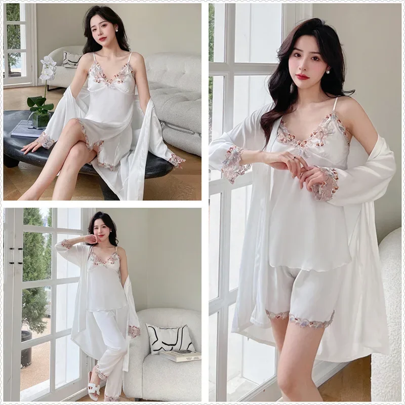 Spring Summer 5PCS PAJAMAS SET Sexy Lace Trim Bath Robe Nightgown Female Satin Cami Pijamas Suit Loose Home Clothes Lounge wear