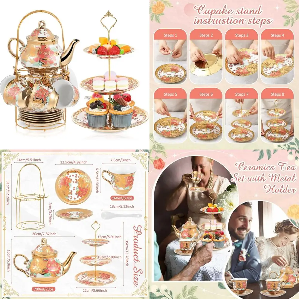 

Adults European-Style 21-Piece Tea Party Set with Floral Design, Metal Holder, and 3-Tier Ceramic Cake Stand