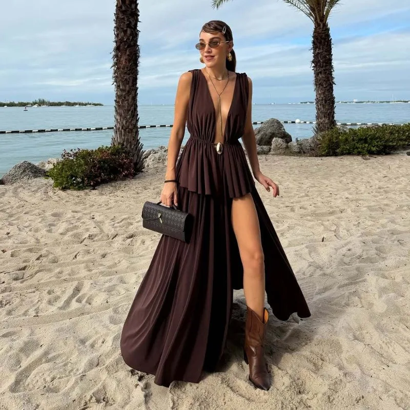 

European and American Cross-border Women's Summer Deep V-neck Sexy Metal Buckle Solid Color Top Lace-up Slim Long Dress Set 2026