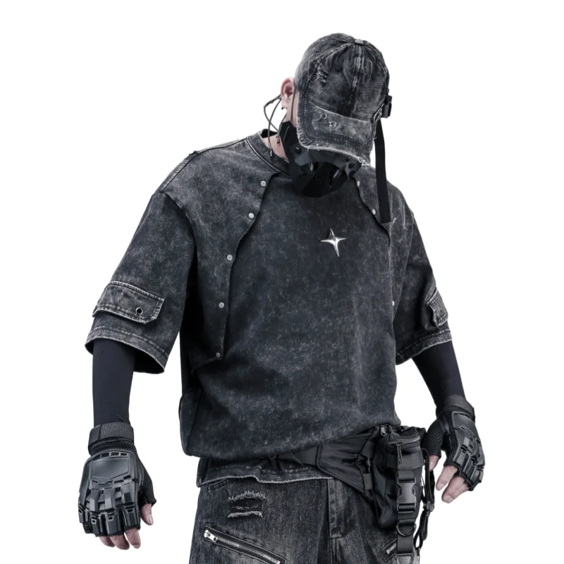 Man Post-apocalyptic T-shirt 2026 Vintage Washed Cotton T Shirt For Men Rivet Spliced Loose Short Sleeve Tee Retro Fashion Top