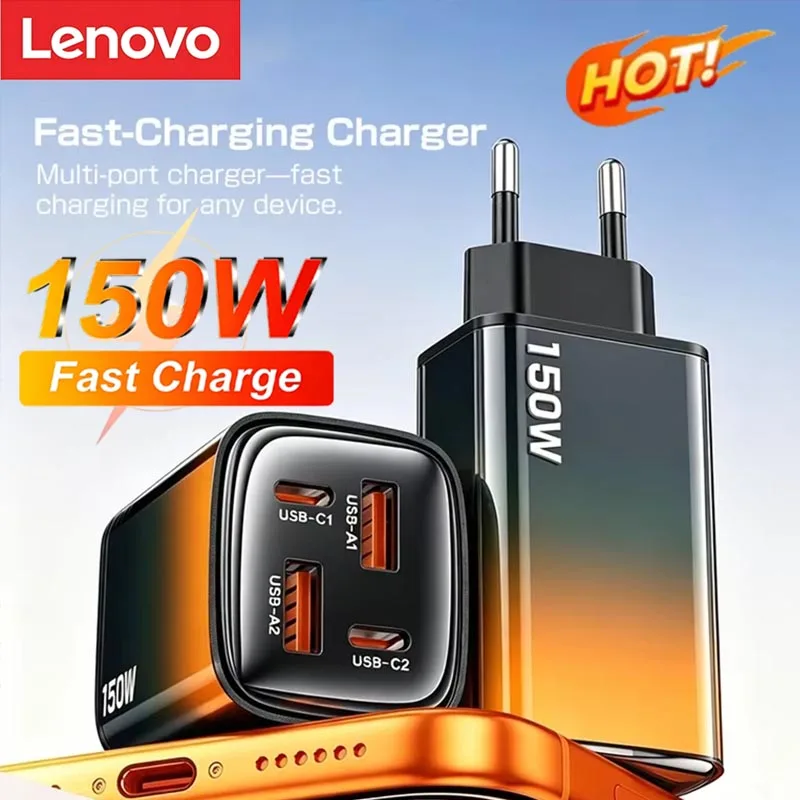 Lenovo 150W Gradient Charging Head Fast Charging Dual USB+Dual Type-C Multi Port for Apple Huawei Samsung Phone Charger