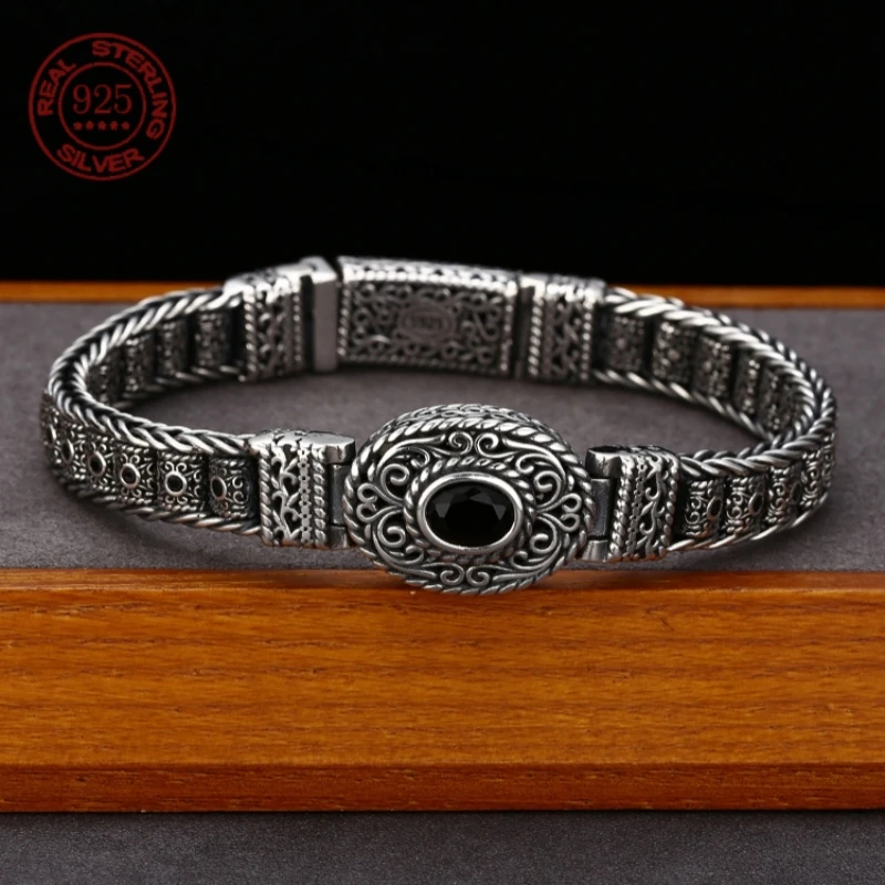 S925 Sterling Silver Vintage Oval Gemstone Bracelet Green Black CZ Inlaid Retro Engraved Filigree Link Chain Men Jewelry