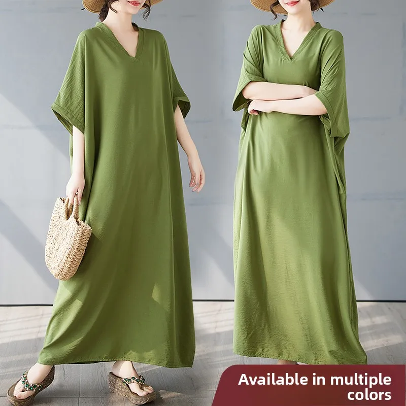Bequemes, knielanges V-Ne-Baumwoll-Leinen-Kleid von Dr. Travel Vaion Sle mit lockerer Taille und S Sve in reiner Farbe