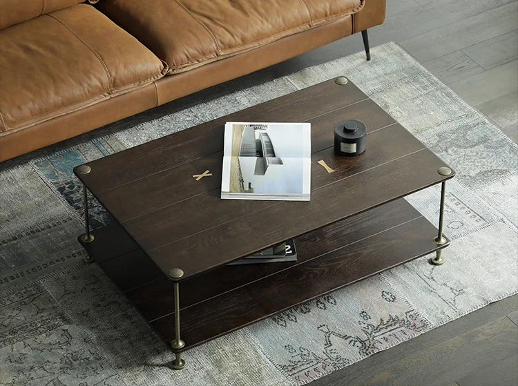 Coffee table Nordic imported oak double-layer square cabinet a few retro gold black cast iron craftsmanship