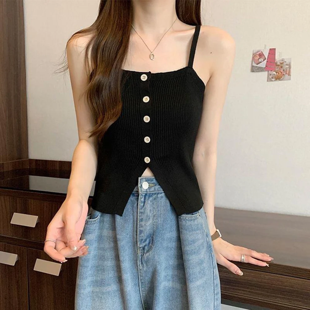 Knitted Off Shoulder Vest for Women with Single Button Slim Fit Sleeveless Top for Spring Summer Fall Solid Color Options