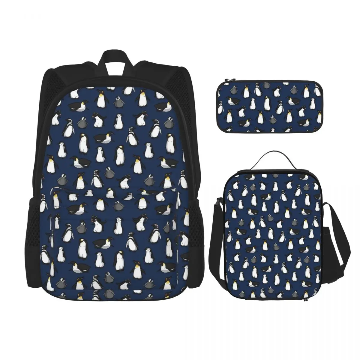 Cute Penguin Pattern (Dark Blue Variant) Backpacks Students Bookbag School Bags Rucksack Lunch Bag Pen Bag Three-Piece Set