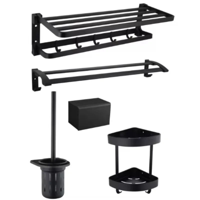 Aluminum Alloy 5-Piece Towel Rack Set Electroplated Finish Wall-Mounted Bathroom Toilet Rack Modern Simplicity Design