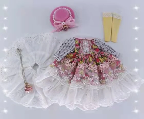 Outono conjunto de cinco peças boneca bjd blythe roupas vestido de renda rosa com chapéu vestido shredded (apto para pullip, ob24, licca)