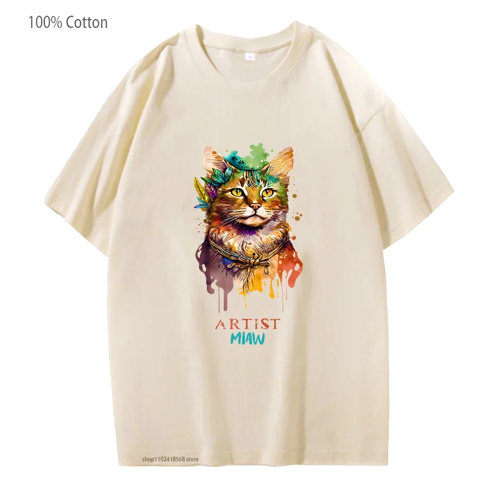لطيف القط مياو قمصان للرجال الفنان تي شيرت أنيمي الملابس 100% القطن الصيف تيز الشارع الشهير النساء س الرقبة عادية Y2k للجنسين
