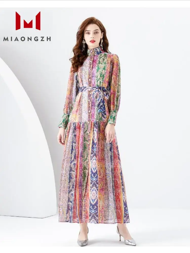 

Fashion Vintage Printing Dresses For Women New Stand Collar Long Sleeve Chiffon High Waist Lace Up Female Beach Holiday Dress 24