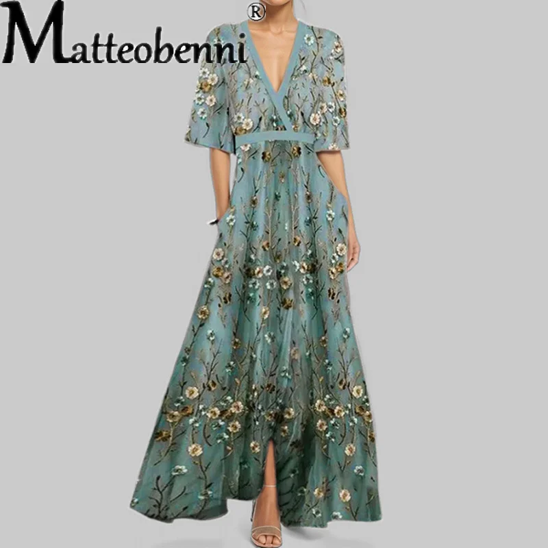 

Women V Neck Elegant Fashion Long Dress Printed Slim Waist Clothing Lady Four Seasons Daily Comfortable Casual Half Sleeve Gown