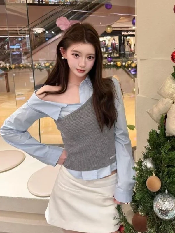 

Модный повседневный женский топ-жилет с длинным рукавом, весна 2026, необычный комплект из двух предметов, вязаный свитер во французском стиле