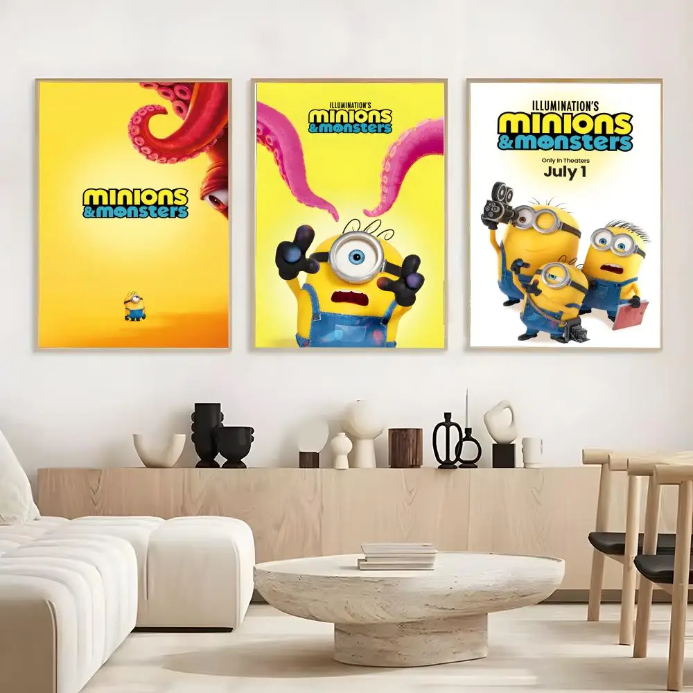 Nouvelle affiche autocollante sans cadre Mignons Minions de dessin animé, autocollant artistique en papier imperméable pour café, bar, chambre