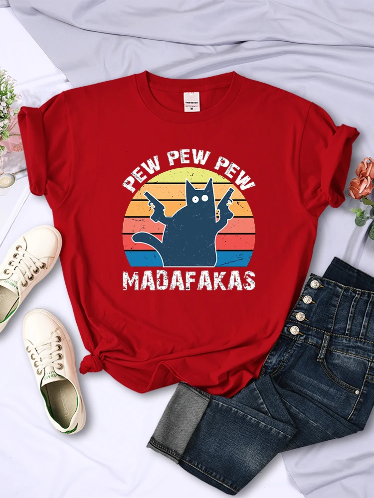 Pew Pew Madafaks Cat Womens T-Shirts Street Breathable Short Sleeve Cartoon Casual Hip Hop Tops Trend Vintage Female Tee Clothes