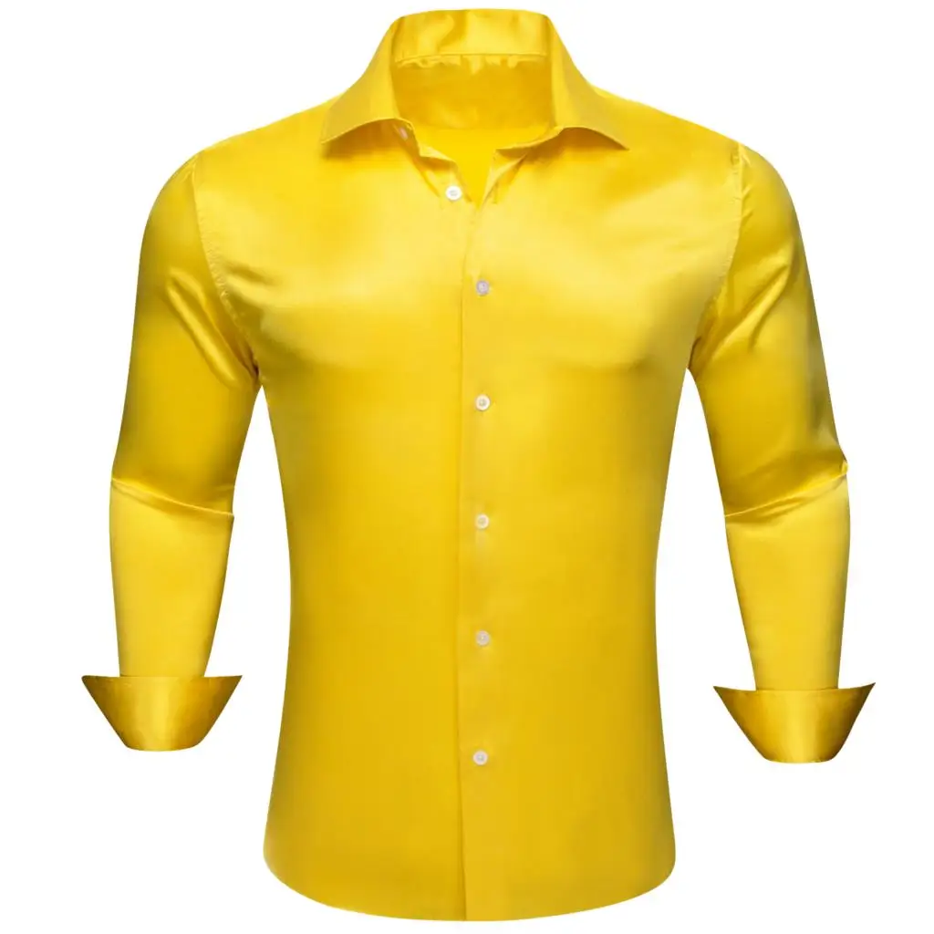 Designer Silk Shirts for Men Satin Long Sleeve Yellow Gold Solid Plain Slim Male Blouse Casual Formal Tops Streetwear Barry Wang