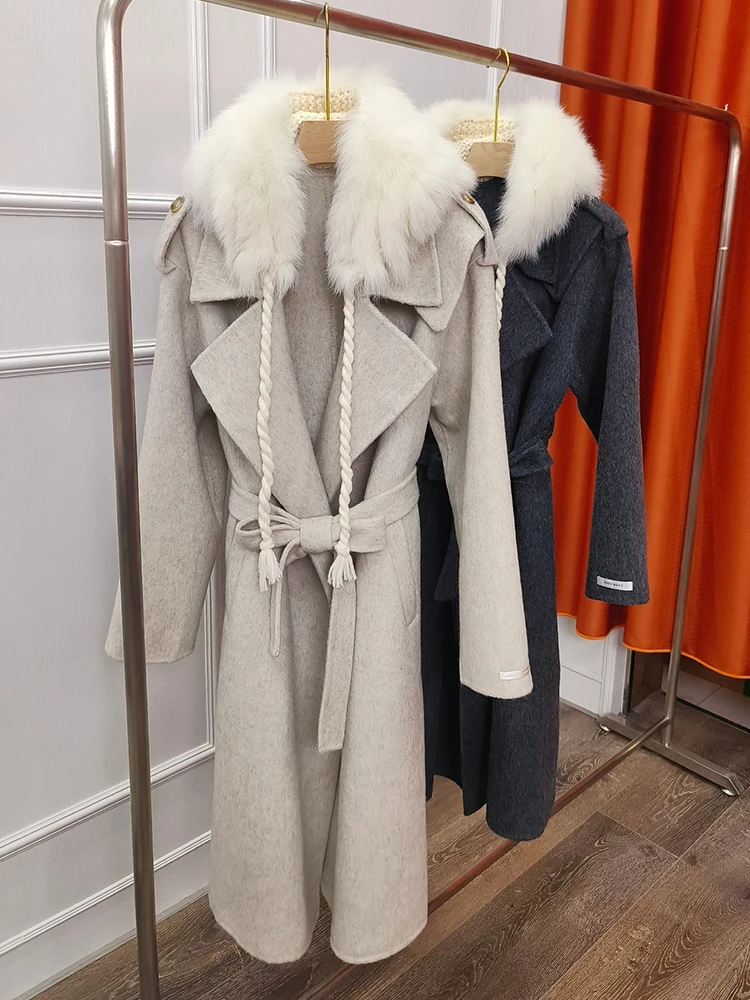 Vendita calda inverno donna pelliccia di volpe naturale cappotto con cappuccio giacca di lana di cashmere giacca di lana vera donna outwear cappotto femminile giacca di lusso