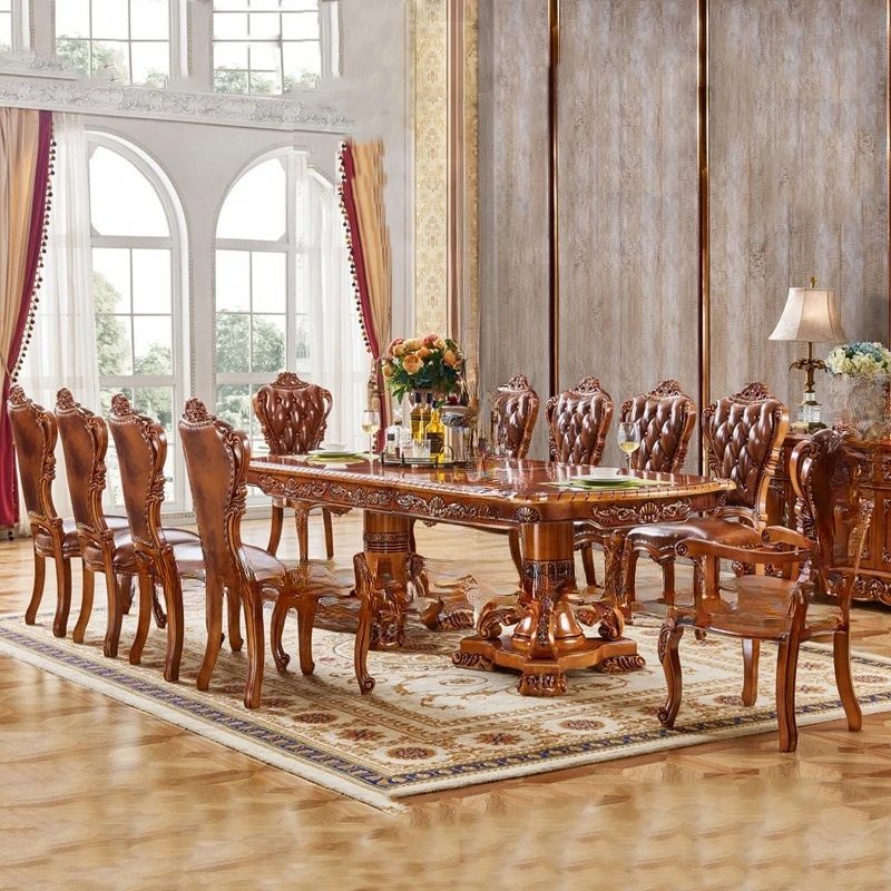 

European long dining table solid wood carving flower European marble French solid wood long dining table