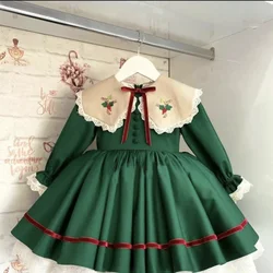 0-12Y Baby Girl Autumn Winter Green Fruit Embroidery Vintage Spanish Princess Ball Gown Dress for Eid Causal Christmas