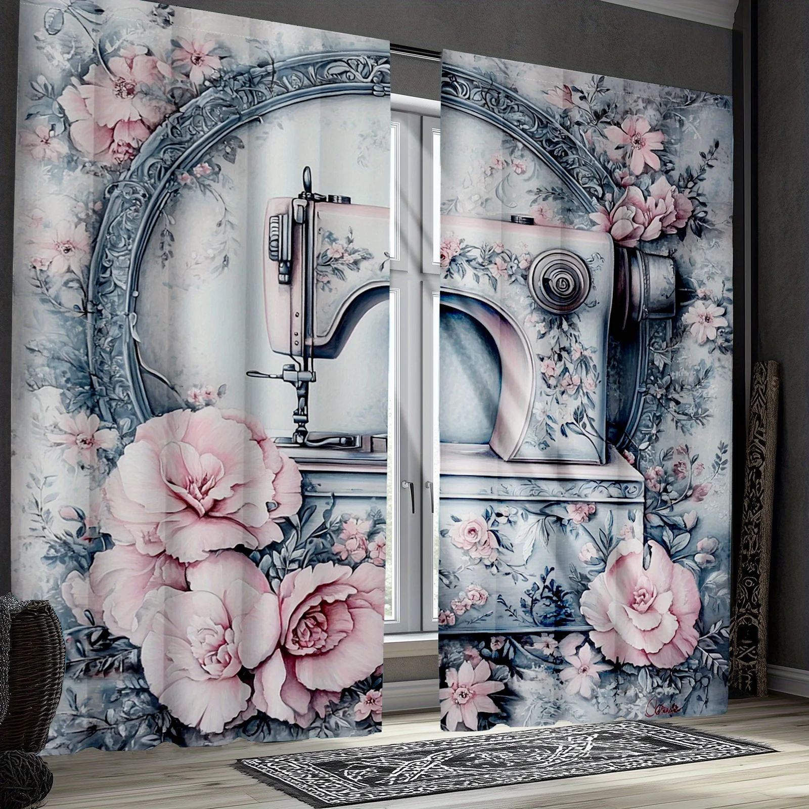 2pcs Vintage Sewing Machine Blackout Curtains, Colorful Floral Print, Rustic Rod Pocket Drapes for Bedroom & Living Room, Semi-T