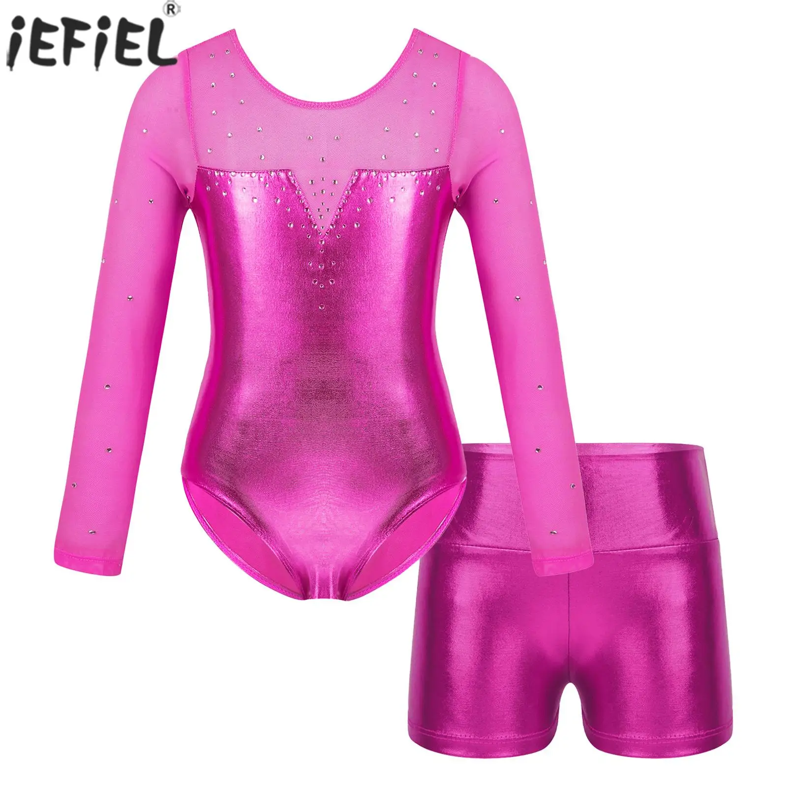 Kids Girls Sparkly Rhinestones Ballet Dance Rhythmic Gymnastics Leotard Metallic Long Sleeve Figure Skating Jumpsuit with Shorts