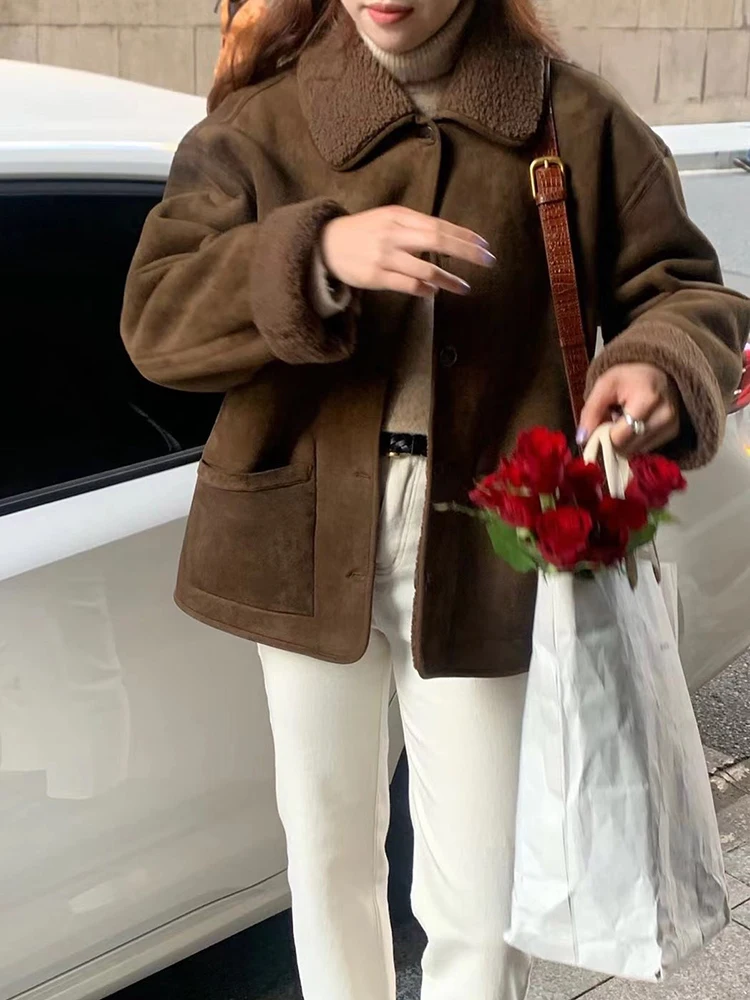 동대문 양면 착용 양털 자켓 칼라 더블 키티 따뜻한 인조 사슴 가죽 벨벳 탑 여성용 아우터웨어