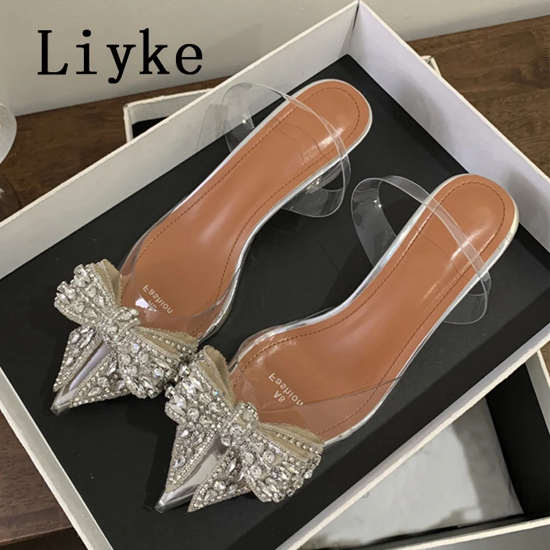 Liyke Fashion Design Crystal Bowknot Women Pumps Sexy Pointed Toe Clear High Heels Wedding Prom Shoes PVC Transparent Sandals