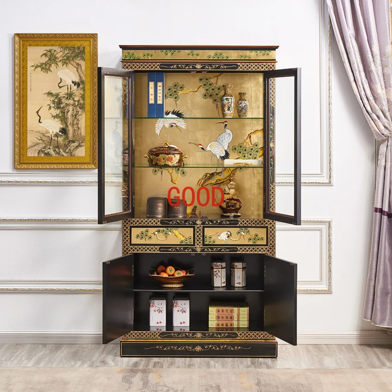 Luxury Gold Foil with Light Solid Wood Display Cabinet Made of Glass Pine Crane Yannian Showcase Ming and Qing Painted