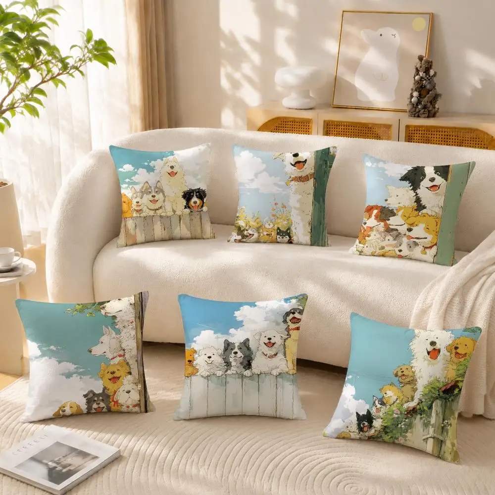 Cute Dog Invitation Play Cushion Cover Anti-dustmite Pillowcase Invisible zipper silky short plush Sofa cushion cover
