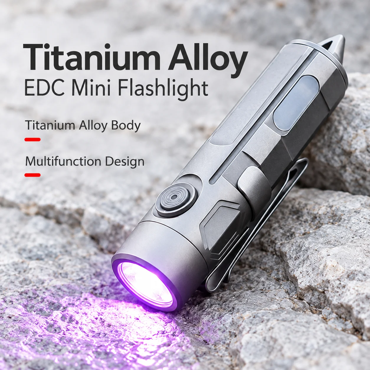 Titanium EDC Mini Keychain Flashlight 120LM Type-C Rechargeable White Red UV Light Pocket Torch with Clip for Camping Hiking
