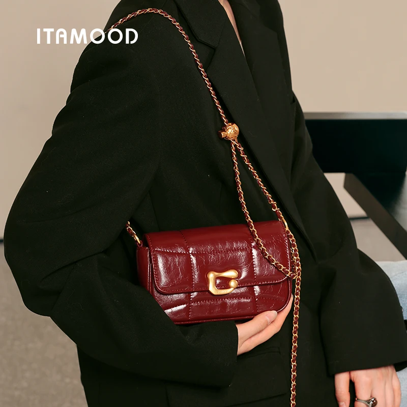 ITAMOOD Genuine Leather Retro Y2K Women's Leather Crossbody Bag Adjustable Chain Strap Multi-Size Hardware Lock Commuting Purse