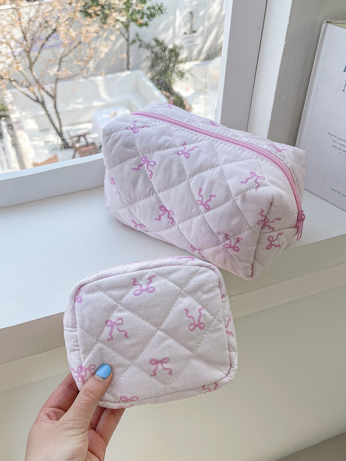 1 unid/set de bolsas de maquillaje bonitas con estampado de lazo, bolsa de maquillaje de viaje, bolsa de lápiz labial, bolsa de tampón, cartera, bolsa de cosméticos rosa, bolsa de maquillaje