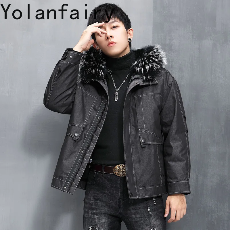 YOLANFAIRY 천연 모피 파카 남성용 겨울 분리형 토끼 모피 라이너 모피 코트 남자 진짜 따뜻한 자켓 후드 화이트 너구리 칼라