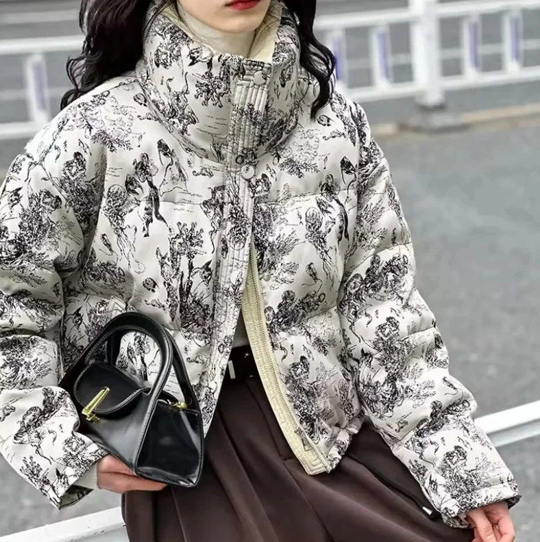

Down Cotton Outwear Fashion Floral Printing Stand-Up Collar Winter Cotton Jacket Women Korean Short Thicken Warm