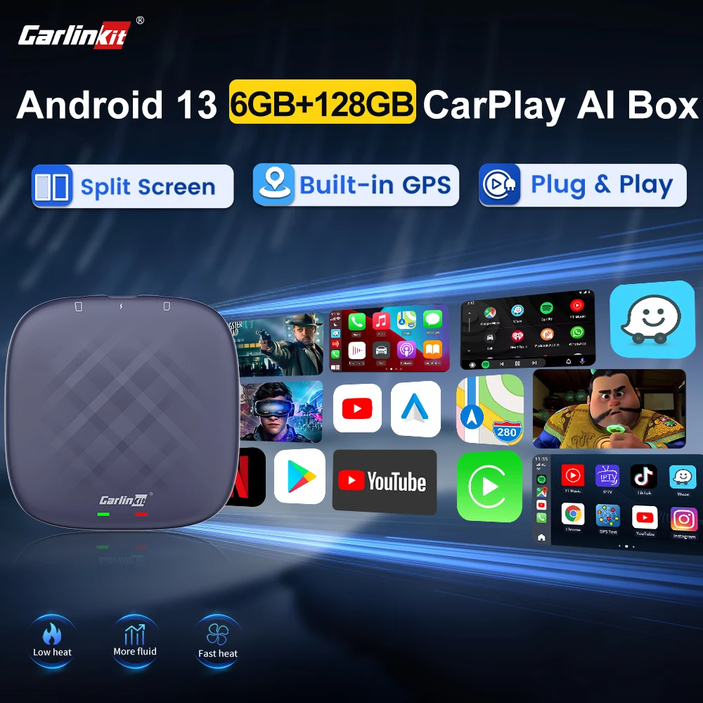 CarlinKit Android 13 TV Box Wireless Carplay Ai Box QCM6125 8-Core 128GB FOTA Upgrade Wireless CarPlay Android Auto For YouTube 