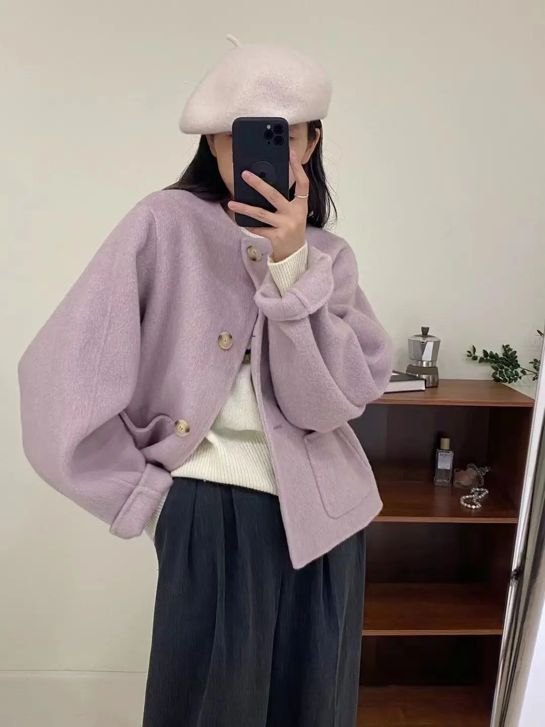 2023 Autumn and Winter New Magenta Student Graceful Short Loose round Neck Small Wool Outerwear Women Fashion