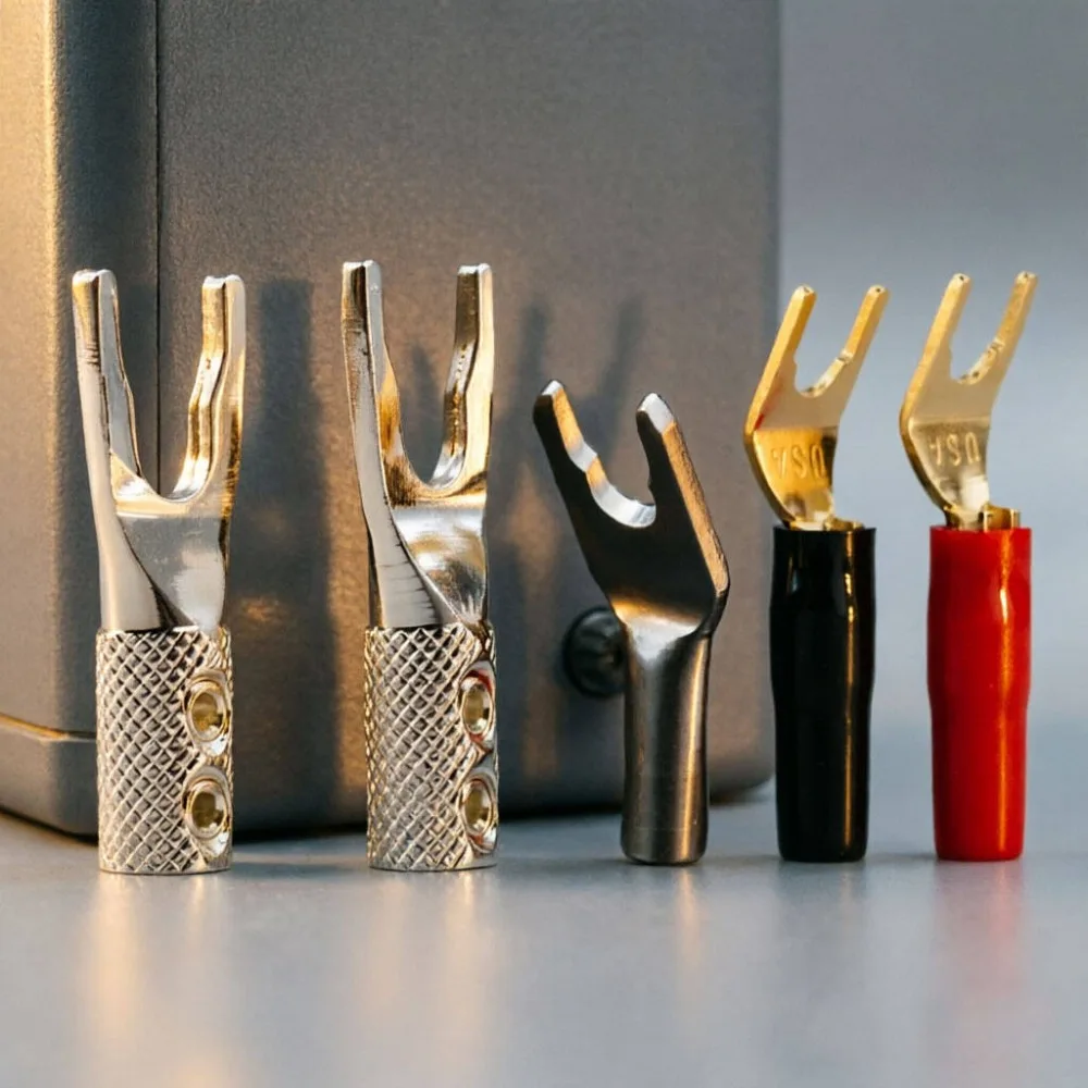 Hi-End Speaker Connector Set – Rhodium & Silver Plated Y-Spade Fork Bananas,  Screw-Type Audiophile Adapter for Banana/Spade