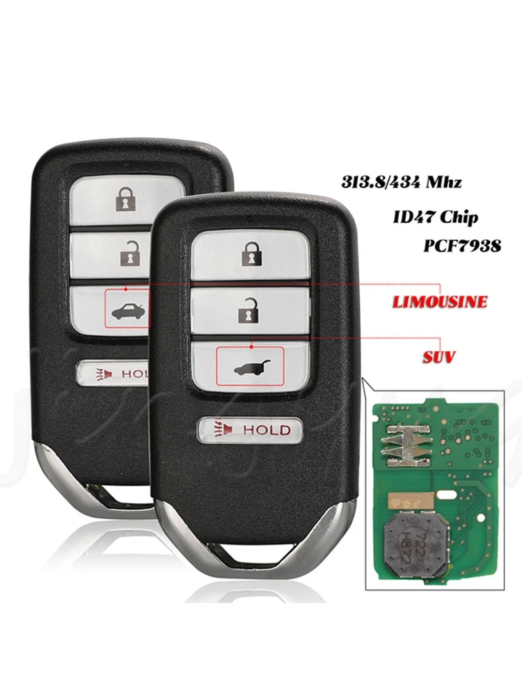 

jingyuqin 4 Buttons Smart Remote Car Key Fob 313.8/434Mhz with 47 Chip For Honda HR-V FIT EX-L CRV 2016 2017 2018, FCC: KR5V1X