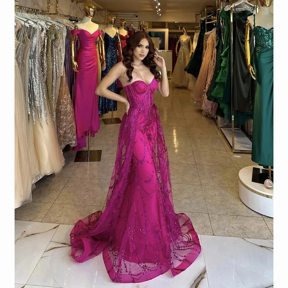 Gorgeous Fuchsia Sequins Sweetheart Evening Dresses 2024 Mermaid Floor Length Sweep Train Sleeveless Women's Formal Prom Gowns