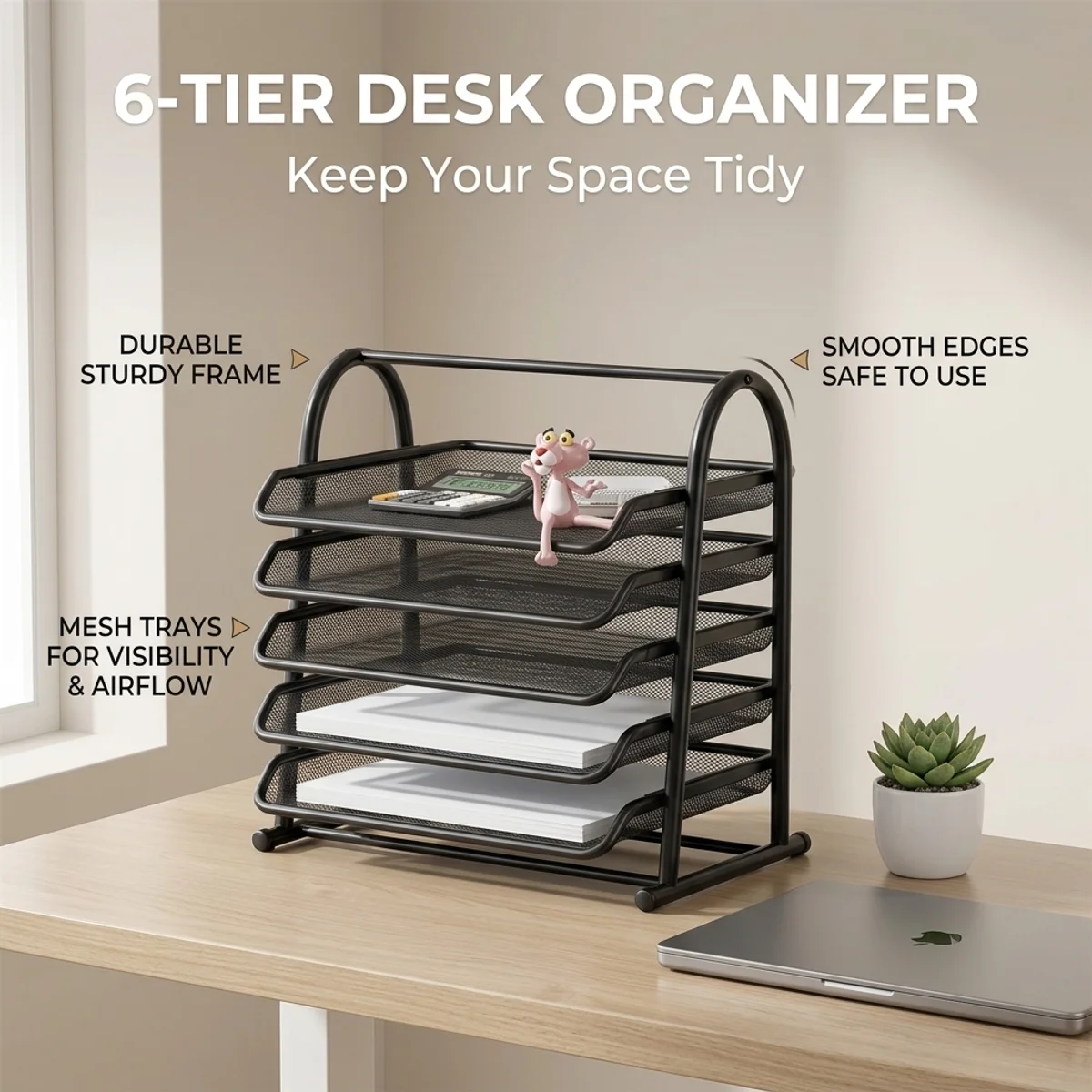 Mesh Desk File Organizer,  Metal Document Holder Rack, Large Capacity A4 Paper Storage Tray for Office School Home