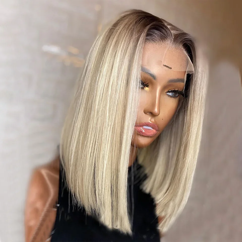 

Ombre Blonde Wig Short Bob Straight Lace Front Wig HD Transparent Pre Plucked Lace Frontal Wig Synthetic High Quality Daily Wear