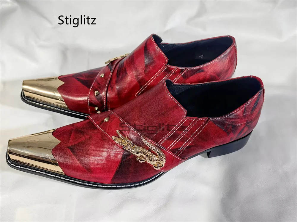 Crocodile Rivet Strap Red Dress Shoes for Men Mixed Color Genuine Leather Metal Pointed Toe Loafers Handmade Party Wedding Shoes