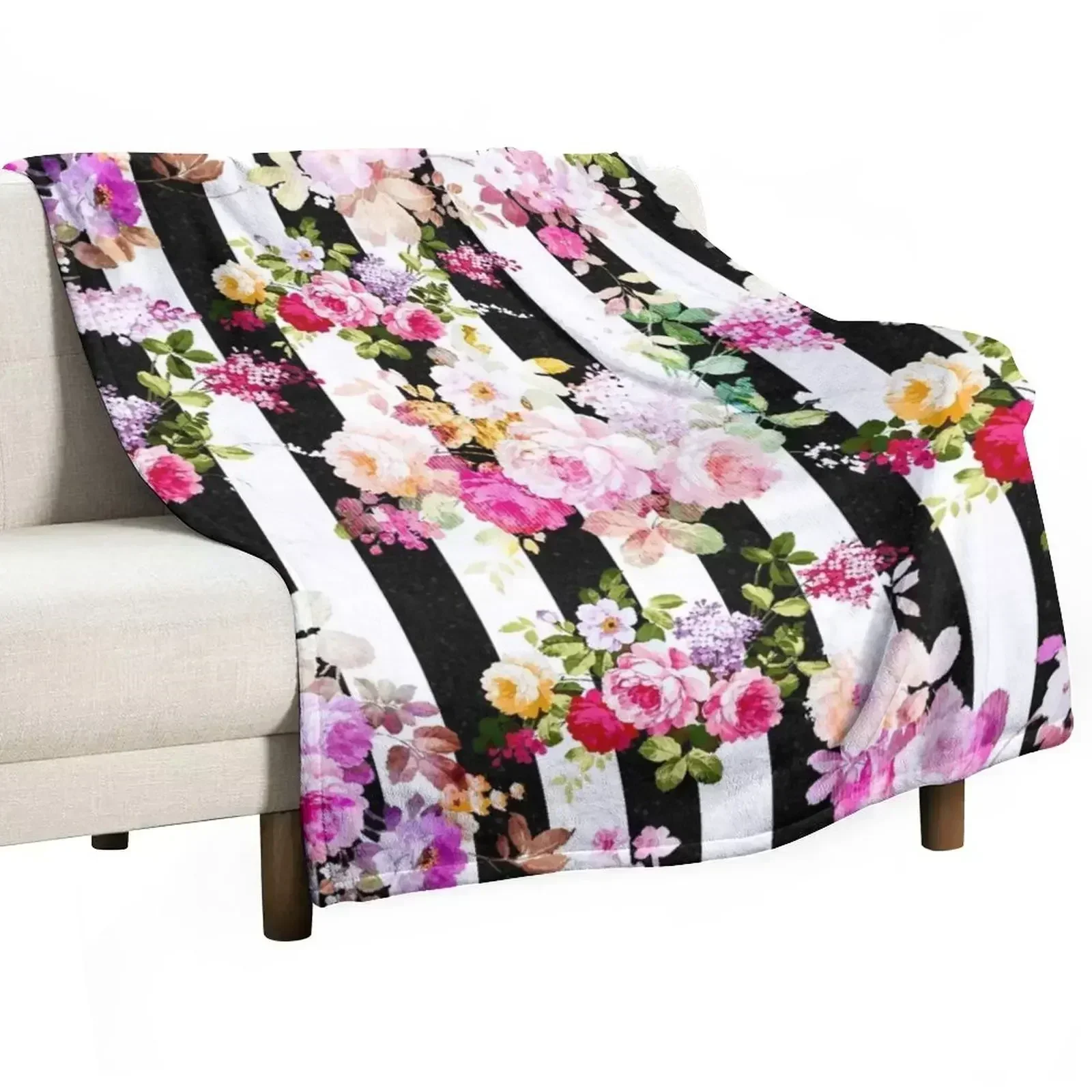 

Black and white stripes bright pink roses floral Throw Blanket Retros Thin Hairys Decorative Sofas Blankets