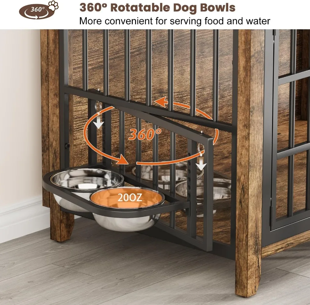 بيت كلب خشبي مقاس 37.7 بوصة داخلي مع 360 درجة °   وعاء تغذية بارتفاع دوار وقابل للتعديل، قفص كلب للطاولة ذو نهاية جانبية شديدة التحمل