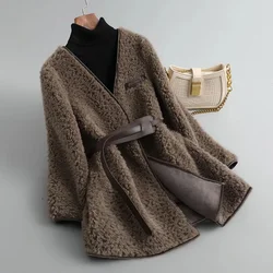 2023 New Winter Woolen Coat V-Neck Fur Coat Women's Mid-Long Jacket Fashion Overcoat Outwear Loose Brown Wool Coats Female